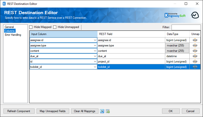 SSIS REST Basecamp Destination - Columns